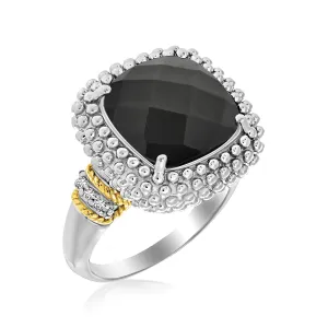 18k Yellow Gold & Sterling Silver Onyx Diamond Popcorn Cushion Ring