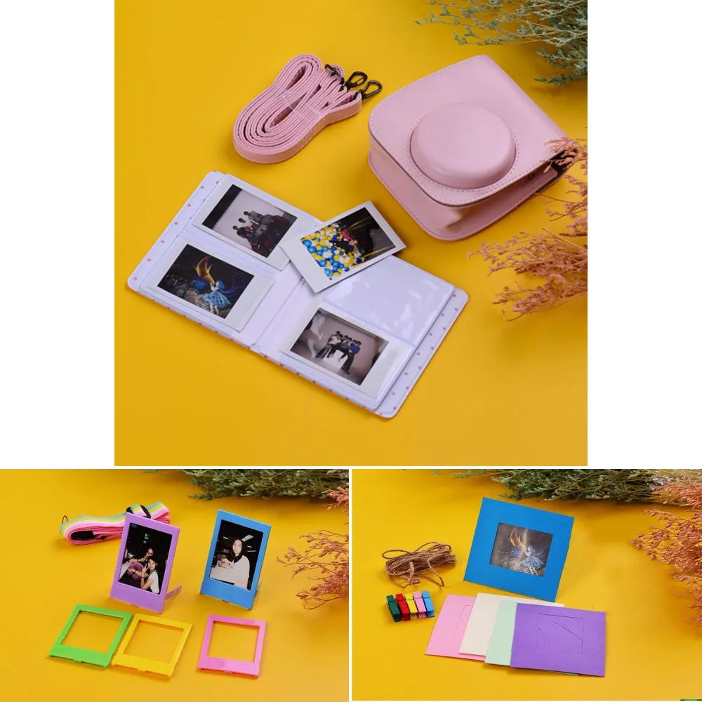 (8-piece set) Fujifilm Instax Mini 11 camera kit with leather carrying case / photo album / photo frame / stickers and other accessories - Pink