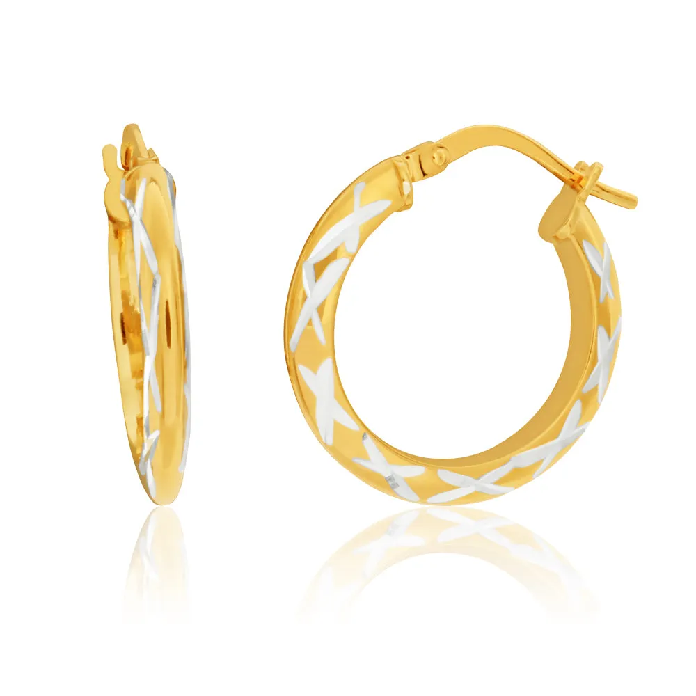 9ct Yellow Gold Silver Filled Criss Cross Diamond Cut 15mm Hoops Earrings