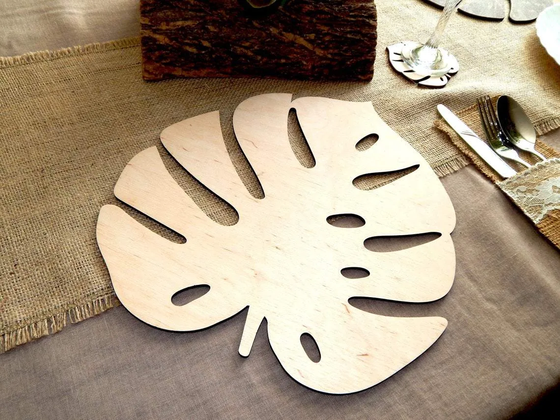 AmericanElm Multi Set Wooden Monstera Leaf Placemat and Coaster for Dining Table, Decoration Mats, Kitchen Decor (Placemat 30x33 cm, Coasters 9x9 cm)