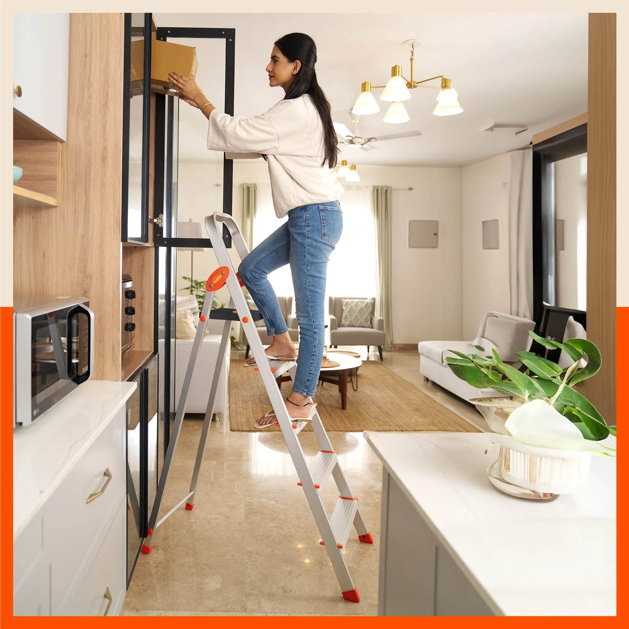 Bathla Advance Carbon - 5 Step Foldable Aluminium Ladder For Home (Orange)