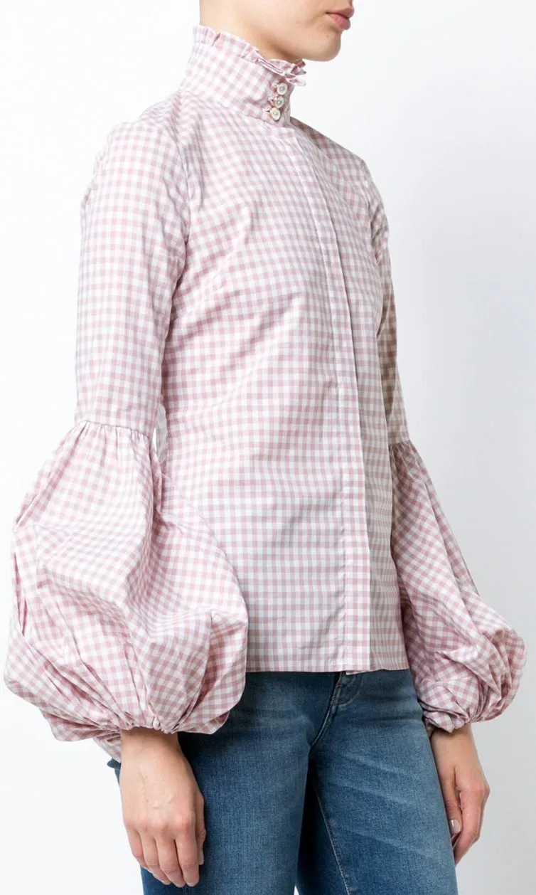 Bishop-Sleeved Gingham Shirt