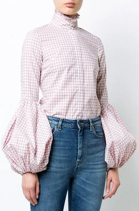 Bishop-Sleeved Gingham Shirt