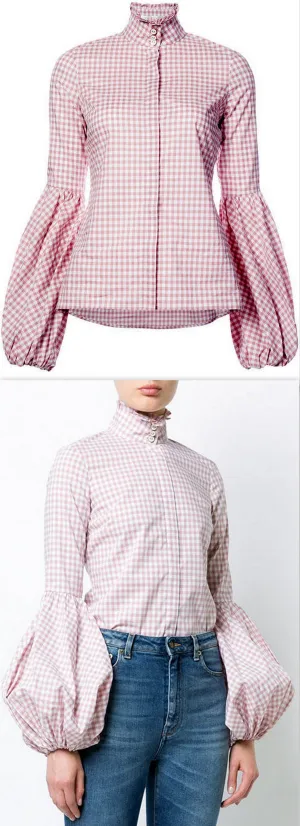 Bishop-Sleeved Gingham Shirt