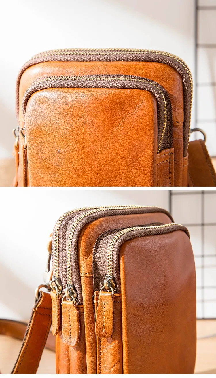 Black Leather Mens Mini Messenger Bag Belt Pouch Tan Side Bag Phone Bag Belt Bag For Men