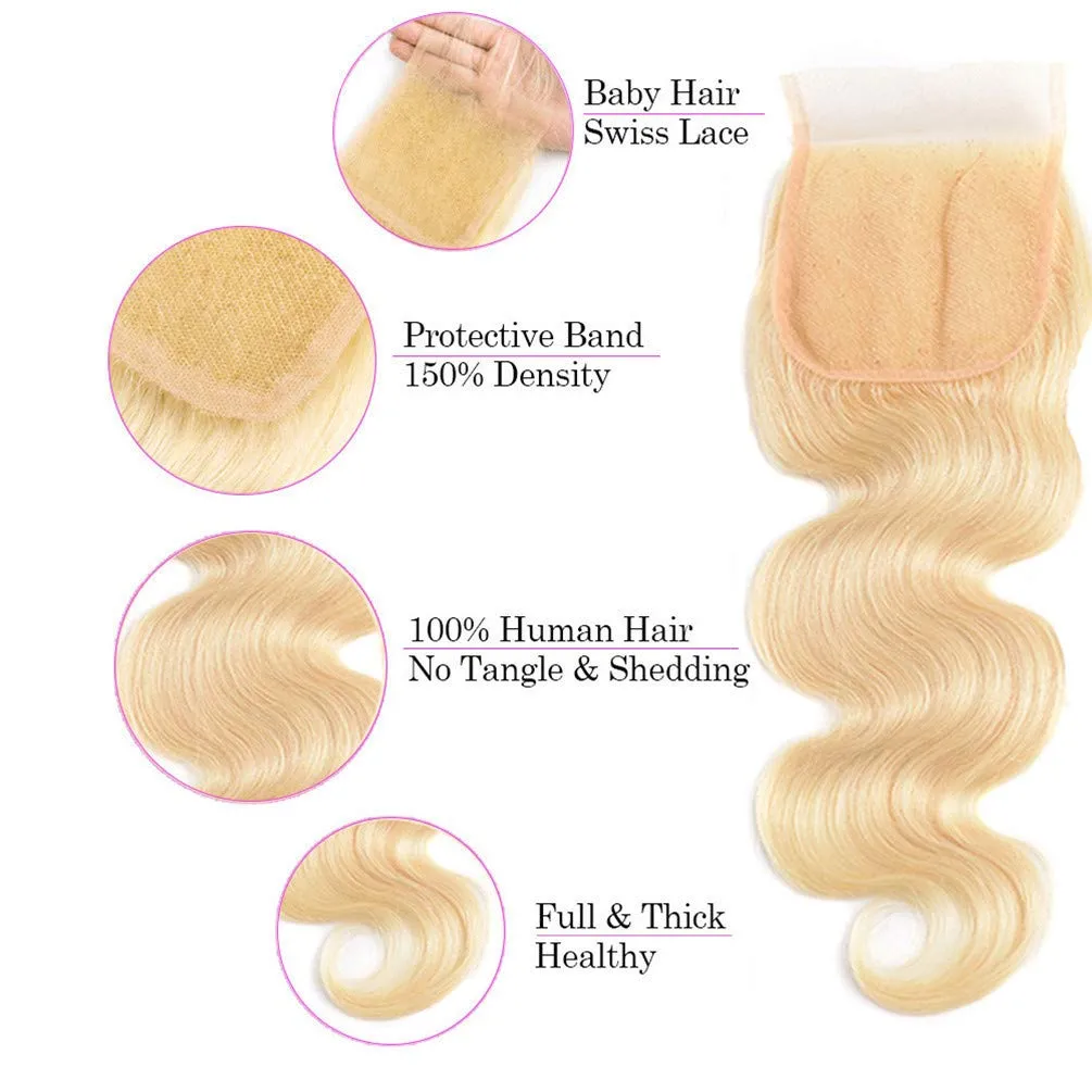 Body Wave 613 Blonde Color Bundles with 4x4 Lace Closure Human Virgin Hair