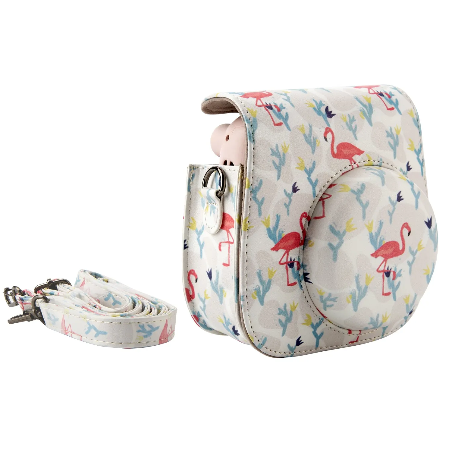 Case for Fujifilm Instax Mini 12 11 Case PU Leather Instant Camera Cover with Adjustable Strap - White Flamingo