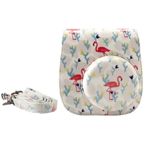 Case for Fujifilm Instax Mini 12 11 Case PU Leather Instant Camera Cover with Adjustable Strap - White Flamingo