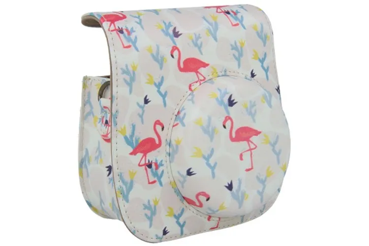 Case for Fujifilm Instax Mini 12 11 Case PU Leather Instant Camera Cover with Adjustable Strap - White Flamingo