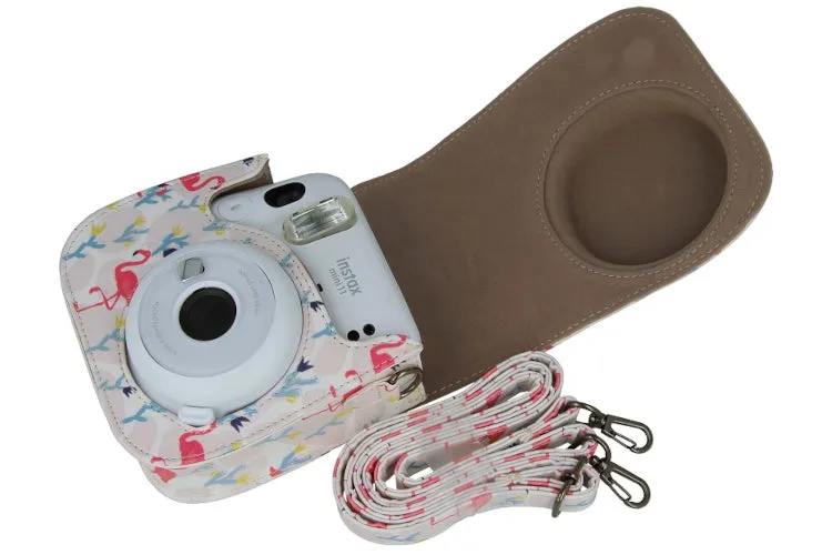 Case for Fujifilm Instax Mini 12 11 Case PU Leather Instant Camera Cover with Adjustable Strap - White Flamingo