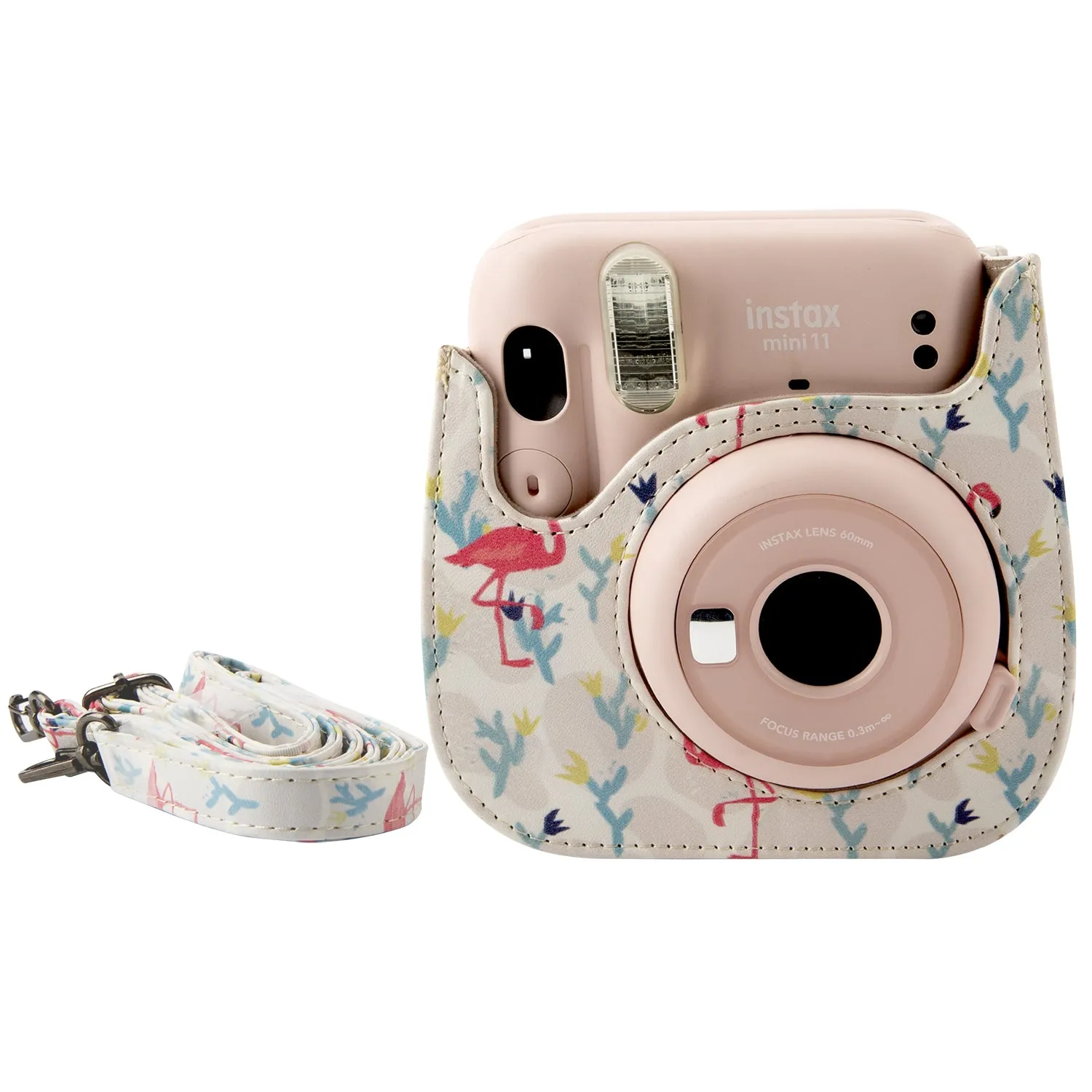 Case for Fujifilm Instax Mini 12 11 Case PU Leather Instant Camera Cover with Adjustable Strap - White Flamingo