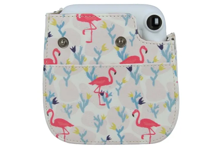 Case for Fujifilm Instax Mini 12 11 Case PU Leather Instant Camera Cover with Adjustable Strap - White Flamingo