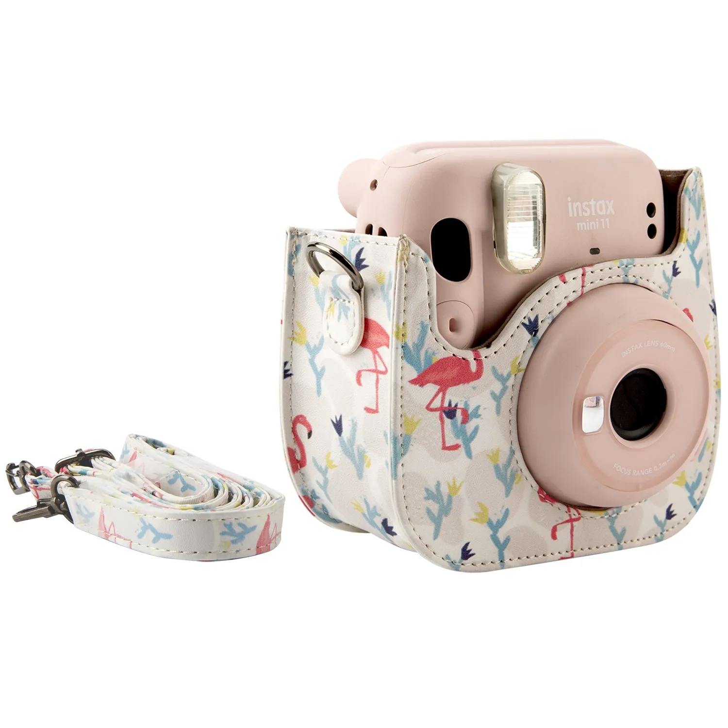 Case for Fujifilm Instax Mini 12 11 Case PU Leather Instant Camera Cover with Adjustable Strap - White Flamingo