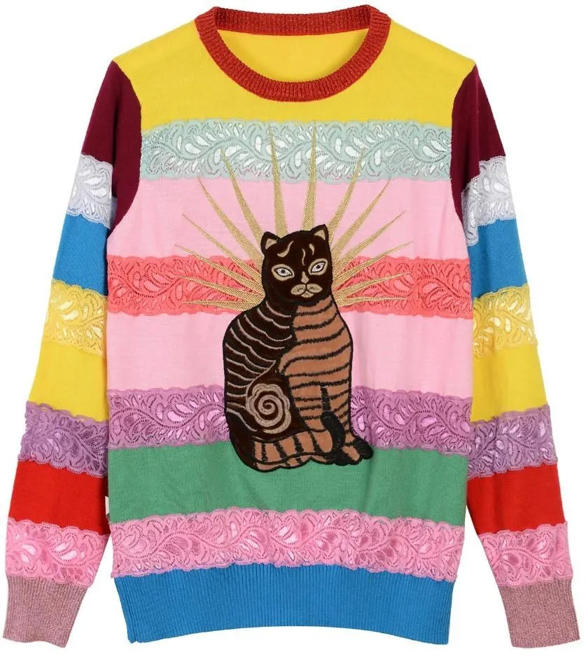 Cat Embroidered Stretch Striped Paneled Multi Colored Sweater
