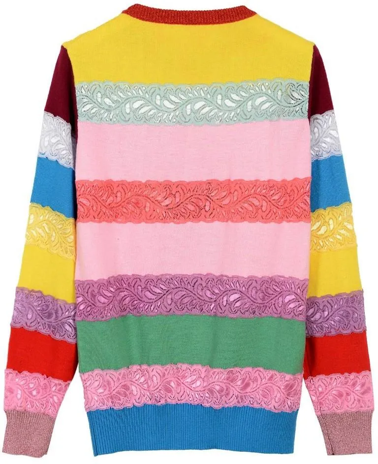 Cat Embroidered Stretch Striped Paneled Multi Colored Sweater