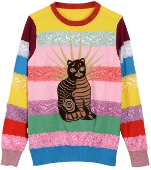 Cat Embroidered Stretch Striped Paneled Multi Colored Sweater