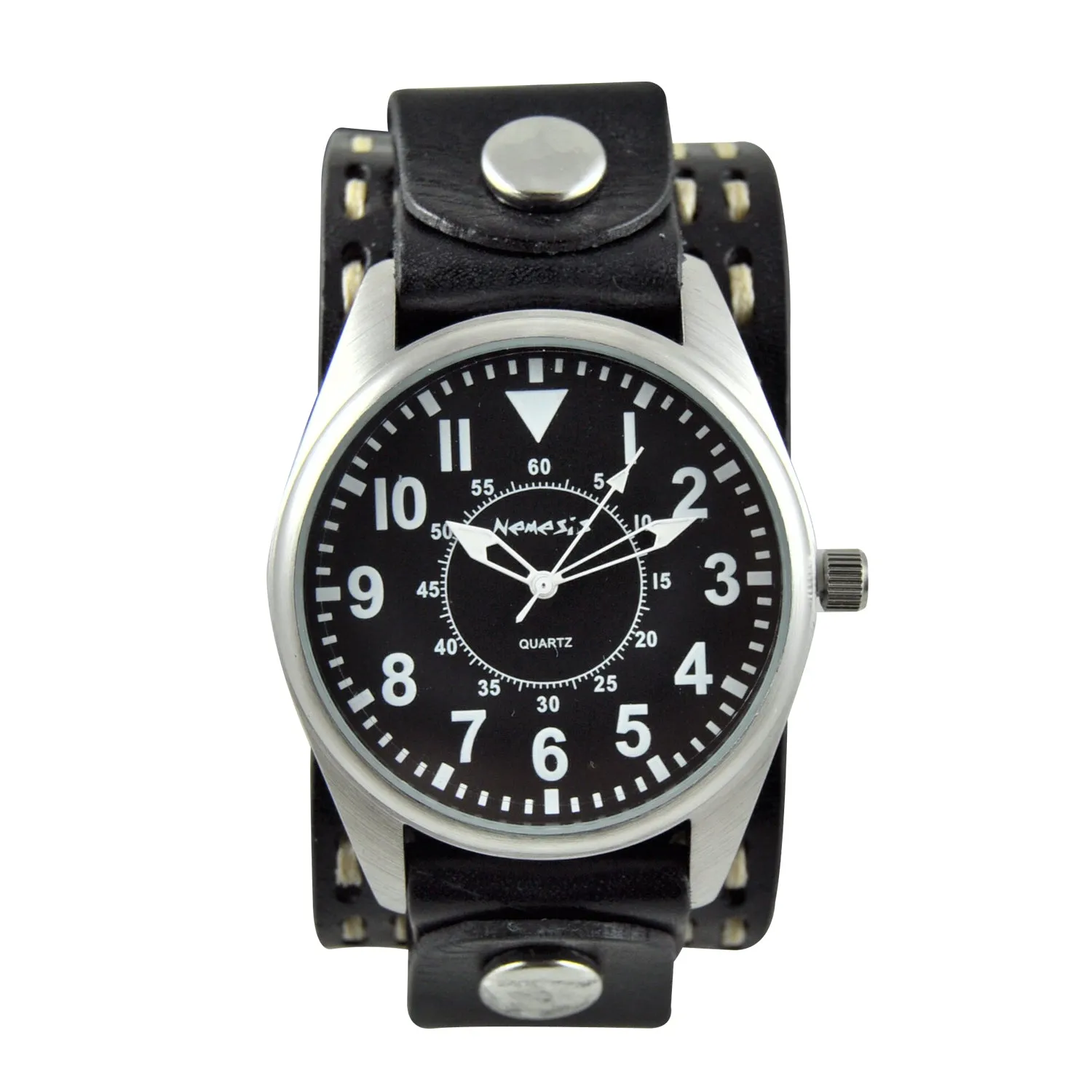Classic Black Watch with Double White/Grey Stitched Brown Leather Cuff