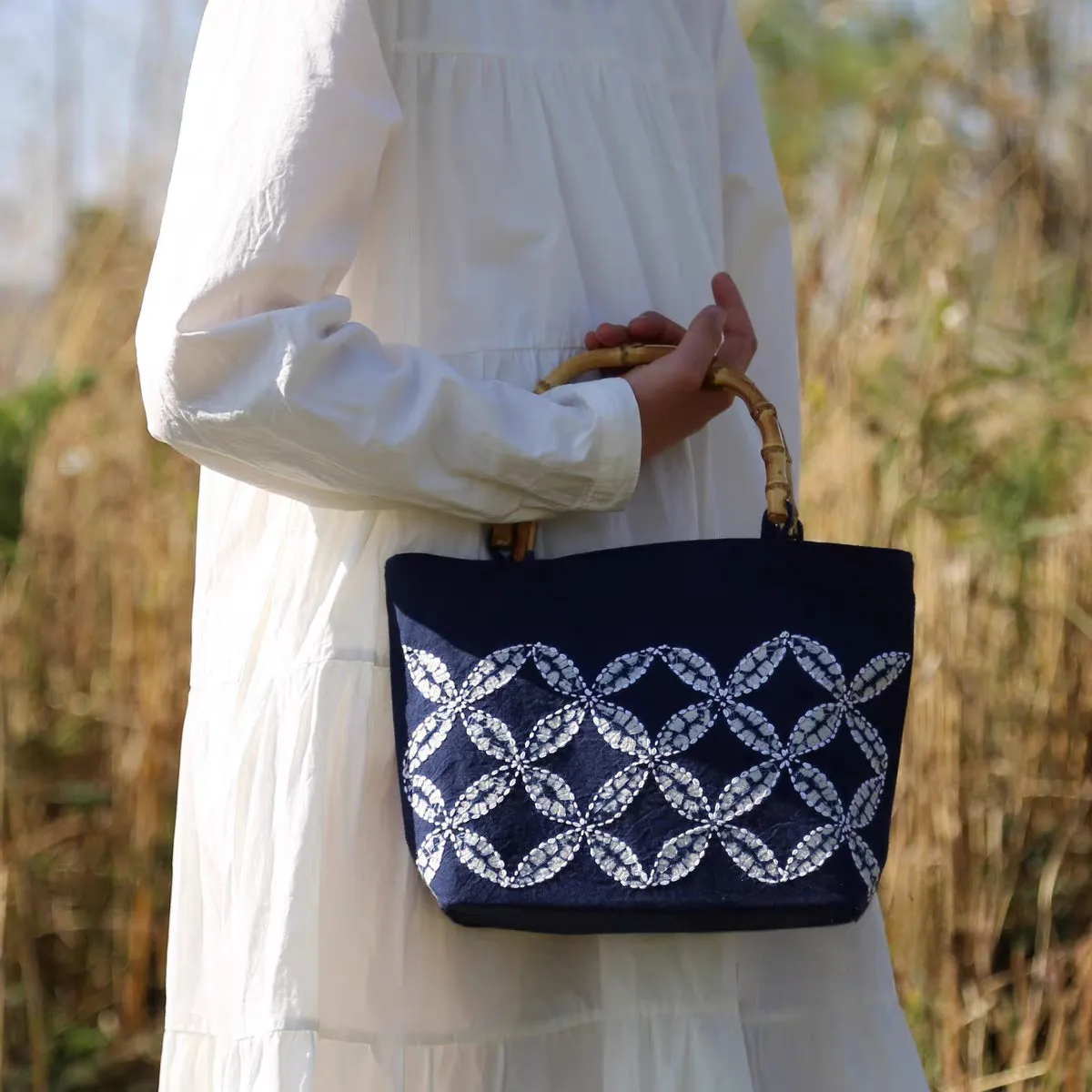 Clover Embroidered Bamboo-Handled Tie-Dye Handbag