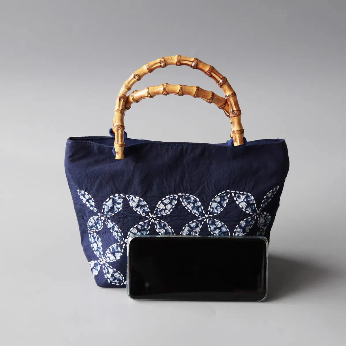 Clover Embroidered Bamboo-Handled Tie-Dye Handbag