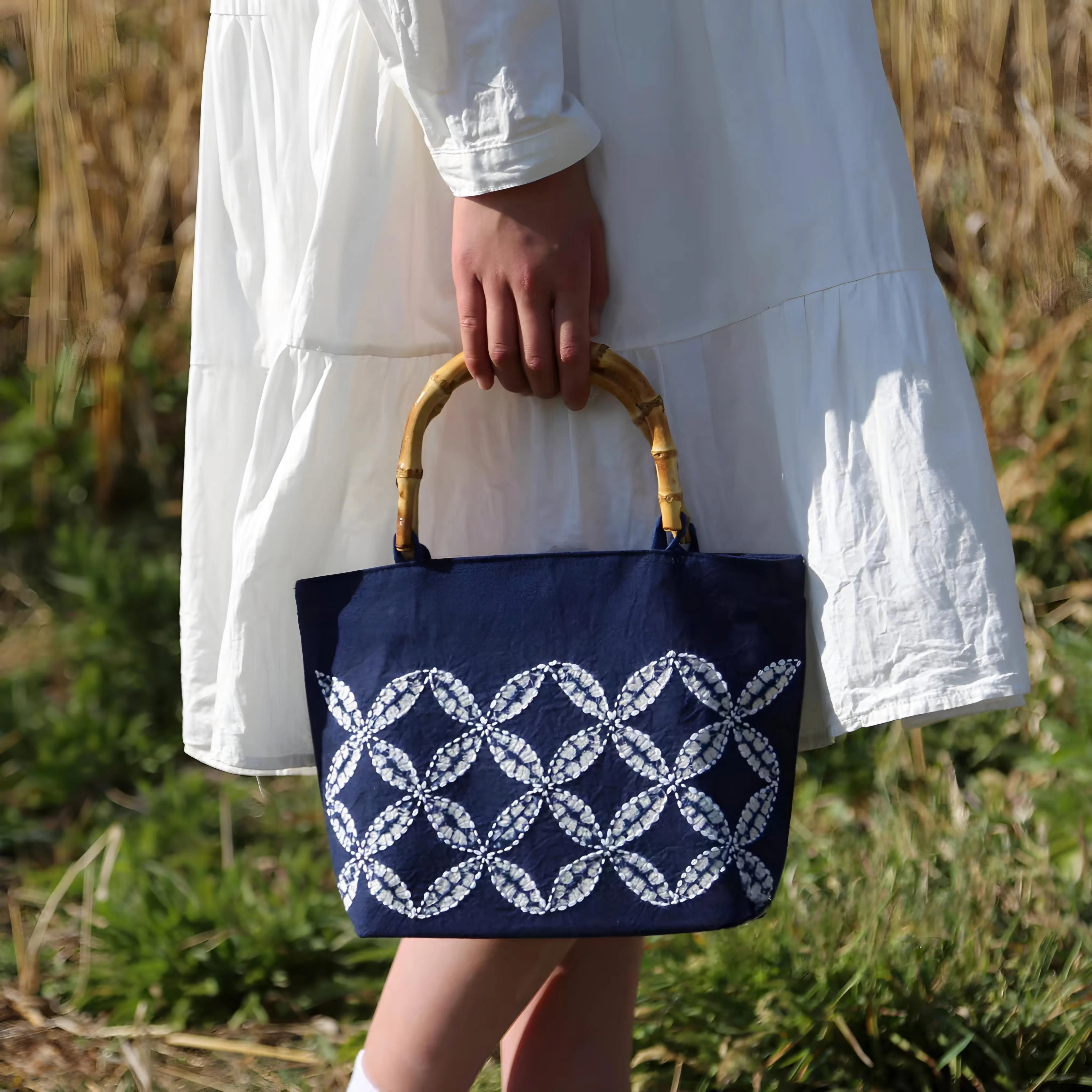 Clover Embroidered Bamboo-Handled Tie-Dye Handbag