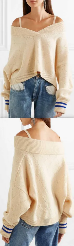 Cold-Shoulder Striped Sweater, Beige