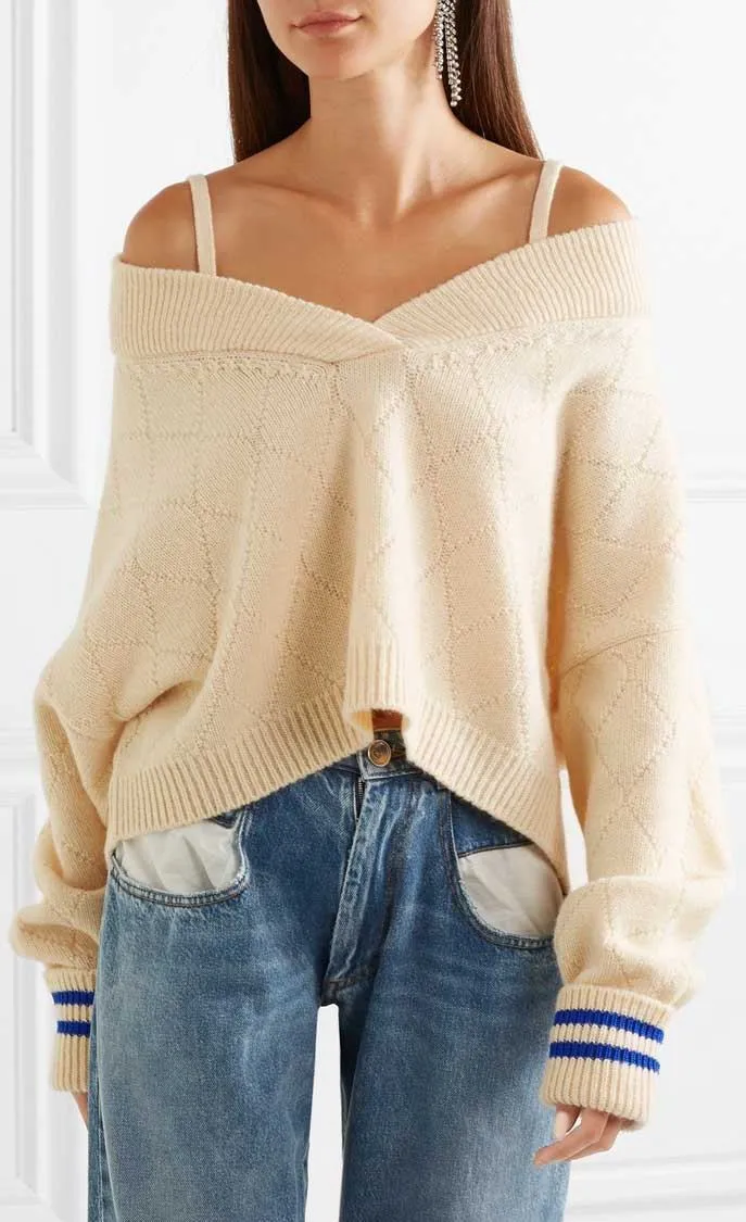 Cold-Shoulder Striped Sweater, Beige