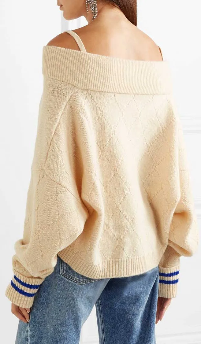 Cold-Shoulder Striped Sweater, Beige