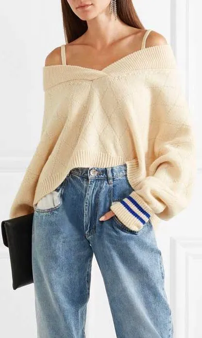 Cold-Shoulder Striped Sweater, Beige