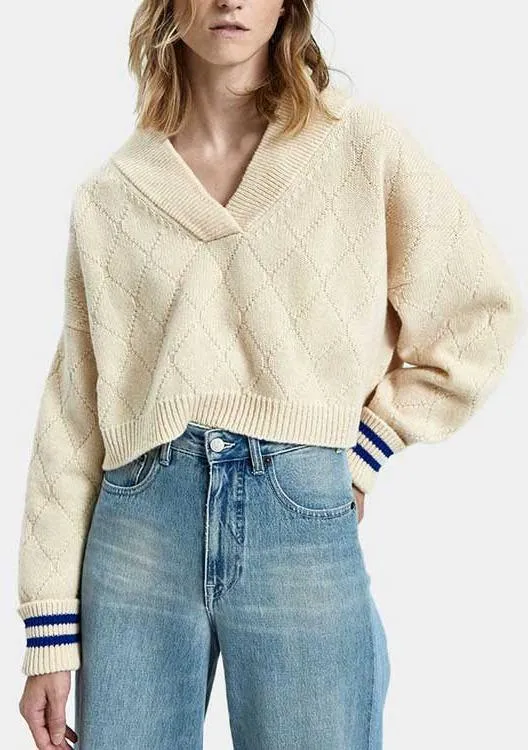 Cold-Shoulder Striped Sweater, Beige