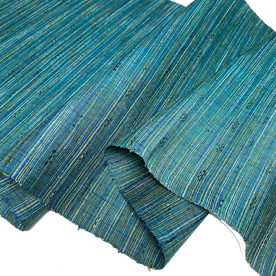 Deep Ocean Teal/Multi DobbyTsumugi Vintage Kimono Silk from Japan, 14" x 26"  # 855