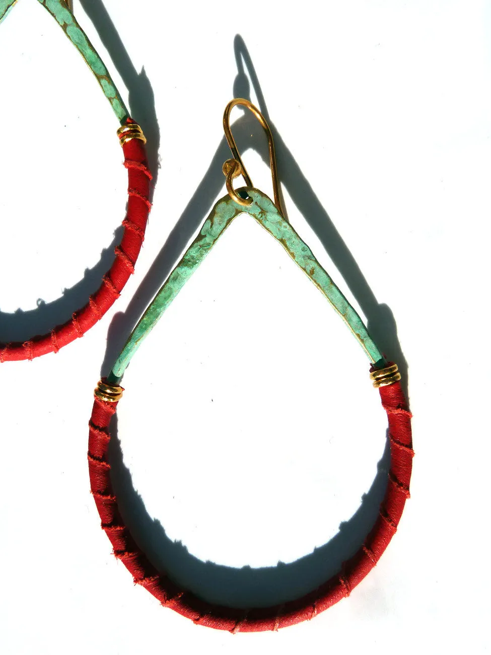 Earrings Teardrop Patina On Brass And Red Leather