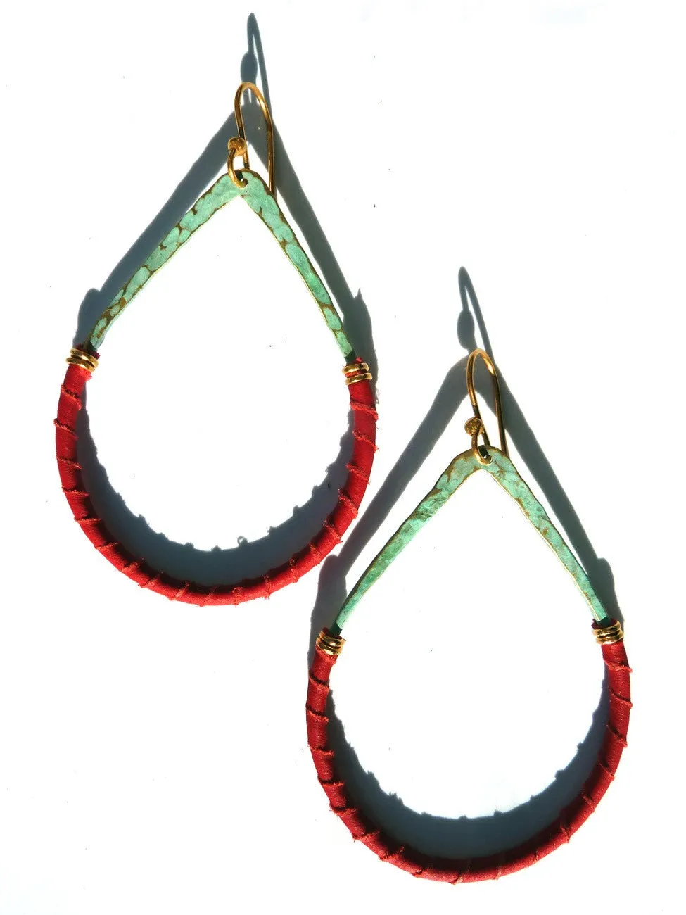 Earrings Teardrop Patina On Brass And Red Leather