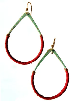 Earrings Teardrop Patina On Brass And Red Leather