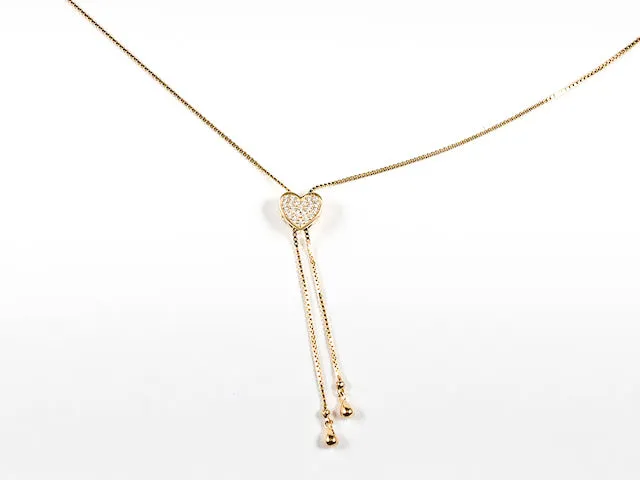Elegant Modern Center CZ Heart Charm Lariat Style Gold Tone Silver Necklace