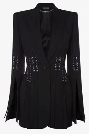 Eyelet Embellished Lace-up Grain de Poudre Blazer