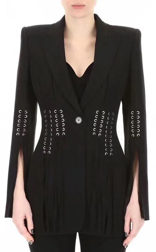 Eyelet Embellished Lace-up Grain de Poudre Blazer