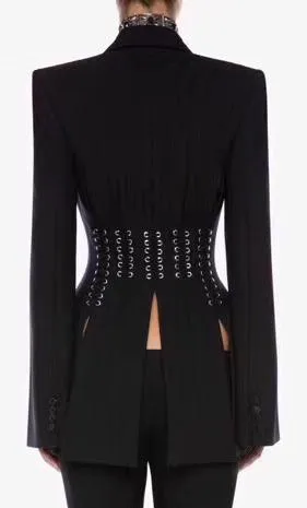 Eyelet Embellished Lace-up Grain de Poudre Blazer