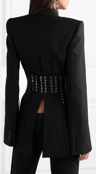 Eyelet Embellished Lace-up Grain de Poudre Blazer