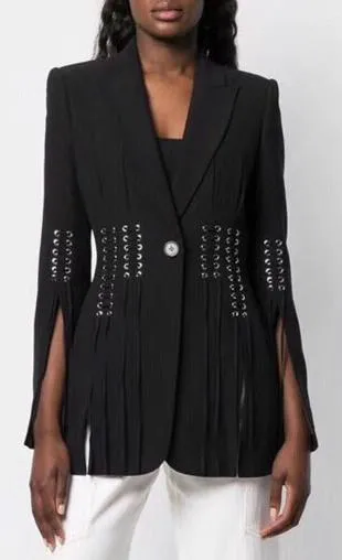 Eyelet Embellished Lace-up Grain de Poudre Blazer