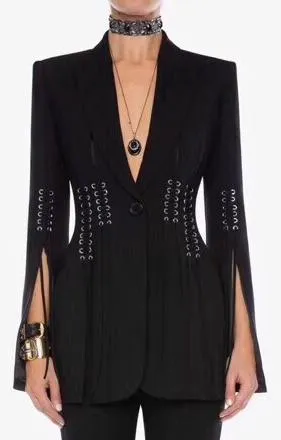 Eyelet Embellished Lace-up Grain de Poudre Blazer