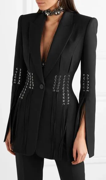 Eyelet Embellished Lace-up Grain de Poudre Blazer