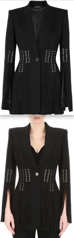 Eyelet Embellished Lace-up Grain de Poudre Blazer