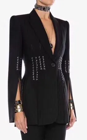 Eyelet Embellished Lace-up Grain de Poudre Blazer