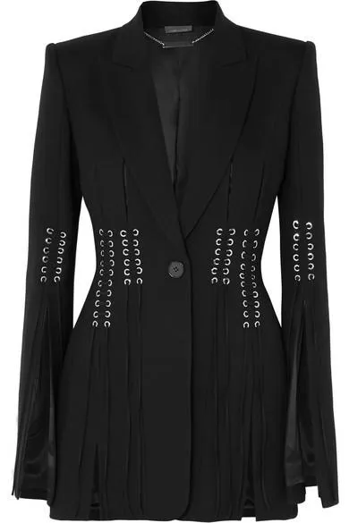 Eyelet Embellished Lace-up Grain de Poudre Blazer