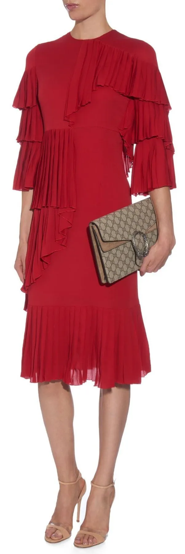 Georgette Ruffle Pleated Dress in Red