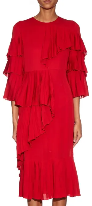 Georgette Ruffle Pleated Dress in Red
