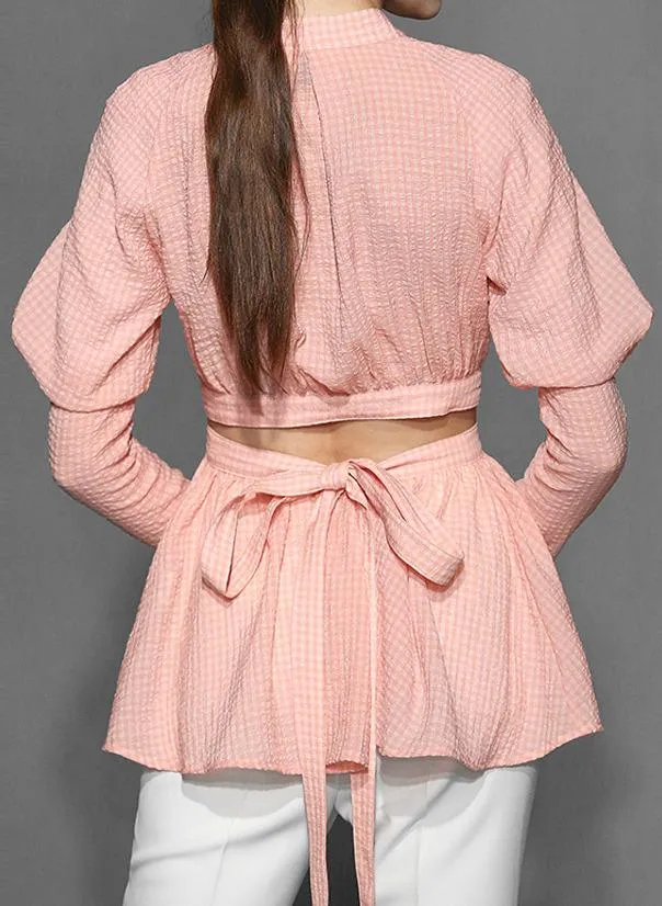 Gingham Open-Tie-Back Blouse