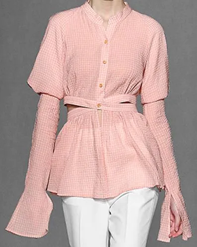 Gingham Open-Tie-Back Blouse
