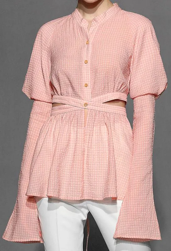 Gingham Open-Tie-Back Blouse