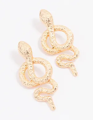 Gold Hammered Twisted Snake Drop Earrings